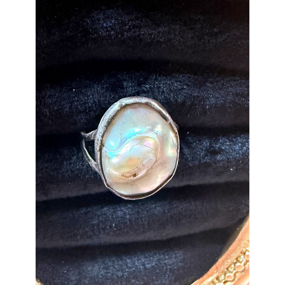 Vintage Blister Pearl Ring Women 5.5 Silver 925 Artisan Abalone Shell Iridescent